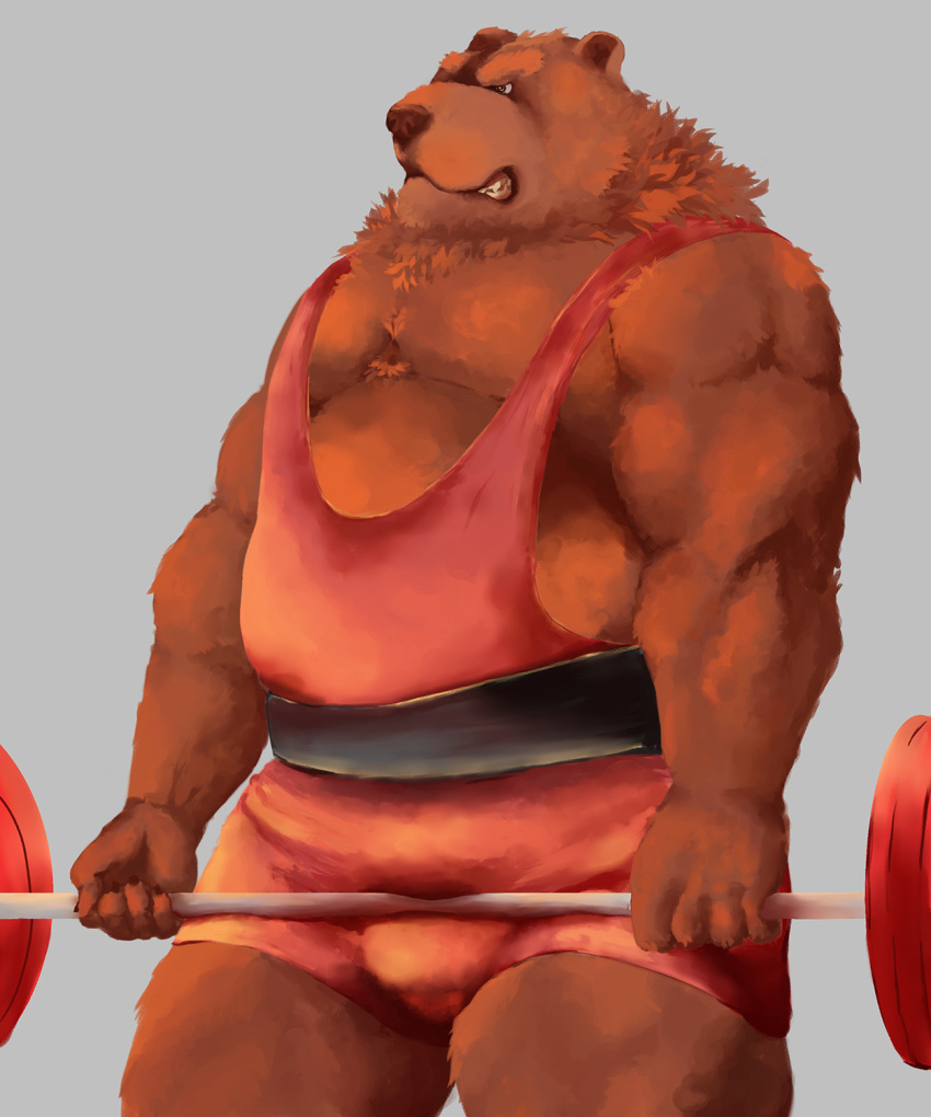 2017 anthro belly brown_body brown_fur bulge exercise fur hi_res humanoid_hands kemono male mammal overweight overweight_male solo ursid velcro74656 workout wrestling_singlet