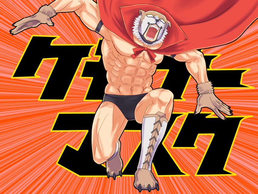 1boy abs animal_ears armband boots cape fur_bracelet kemonomichi long_hair maboroshi_dandy midriff open_mouth revealing_clothes shibata_genzou solo tiger_ears tiger_mask wrestling wrestling_boots wrestling_mask wrestling_outfit