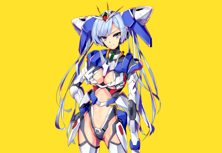 anthropomorphism aqua_eyes armor blue_hair blush bodysuit breasts cleavage headdress i.takashi long_hair mobile_suit_gundam mobile_suit_gundam_00 thighhighs twintails yellow