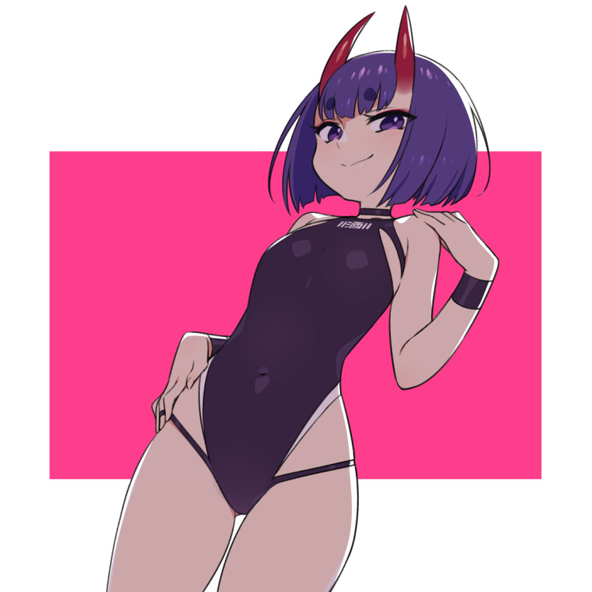 1girl bangs bare_shoulders black_swimsuit blush bob_cut breasts chan_co closed_mouth covered_navel eyeliner fate/grand_order fate_(series) highleg highleg_swimsuit highres horns looking_at_viewer makeup one-piece_swimsuit oni oni_horns pink_background purple_eyes purple_hair short_hair shuten_douji_(fate/grand_order) skin-covered_horns small_breasts smile swimsuit thighs two-tone_background white_background wristband