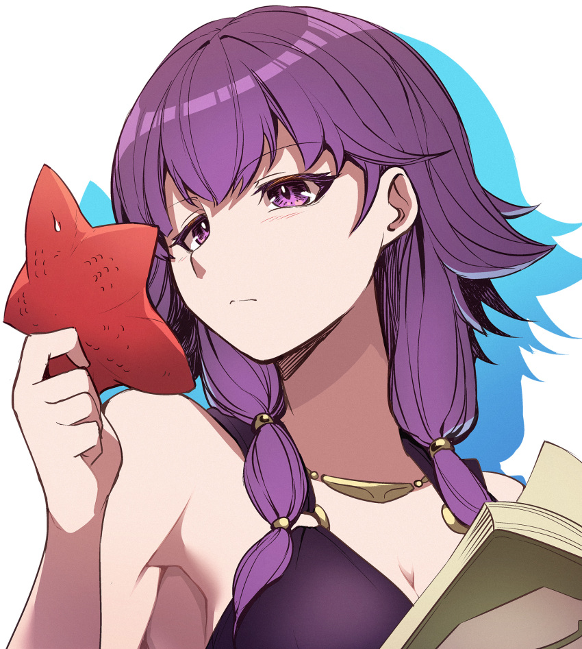 1girl book breasts cleavage closed_mouth fire_emblem fire_emblem:_the_sacred_stones fire_emblem_heroes highres holding lute_(fire_emblem) nakabayashi_zun open_book purple_eyes purple_hair solo starfish upper_body