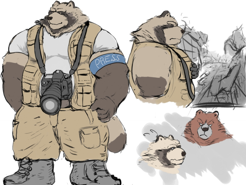 2019 4:3 anthro belly bottomwear brown_body brown_fur camera canid canine clothing fur kemono male mammal overweight overweight_male pants raccoon_dog shirt tanuki topwear velcro74656