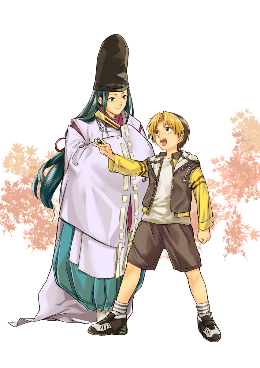 2boys :d absurdres autumn_leaves bangs between_fingers black_hair blonde_hair board_game clenched_hand closed_fan drawstring earrings eye_contact fan folding_fan fujiwara_no_sai go green_eyes green_hair hair_intakes hand_up hat highres hikaru_no_go holding holding_fan hood hooded_vest hoodie japanese_clothes jewelry kariginu kimono leaf leaf_background legs_apart lips long_hair looking_at_another low-tied_long_hair male_focus maple_leaf multicolored_hair multiple_boys okotatsu open_clothes open_mouth paper_fan parted_bangs purple_lips ribbon-trimmed_sleeves ribbon_trim shindou_hikaru shirt shoes shorts sidelocks sleeves_past_fingers sleeves_past_wrists smile sneakers standing stud_earrings tate_eboshi unzipped vest wide_sleeves