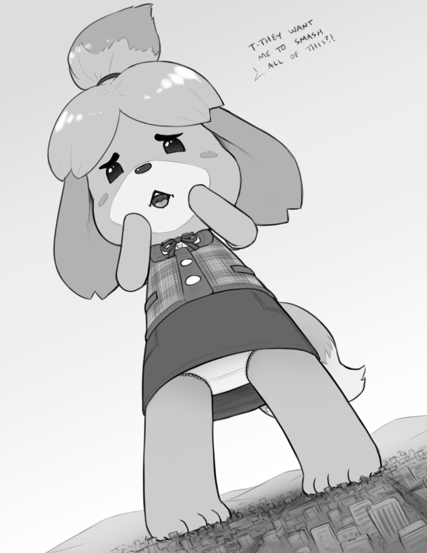 alloyrabbit animal_crossing anthro canid canine canis city clothing crush cute_face domestic_dog female gentle_giant hi_res isabelle_(animal_crossing) macro mammal nintendo panties shih_tzu toy_dog underwear video_games worried worried_expression worried_look