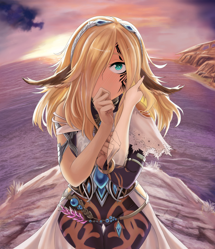 1girl absurdres ass_visible_through_thighs blonde_hair blush bodysuit caress celica_(xenoblade_x) cloud cloudy_sky cowboy_shot damagefloor disembodied_limb dusk embarrassed facial_mark green_eyes hair_over_one_eye hairband hand_in_another's_hair hand_on_own_chest highres horizon jewelry long_hair looking_at_viewer ocean outdoors pointy_ears sky solo sunset xenoblade_(series) xenoblade_x yuri