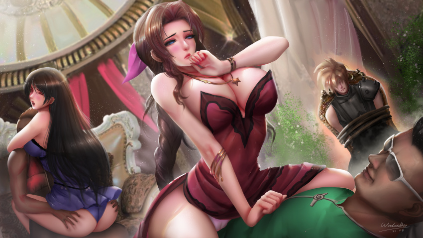 aerith_gainsborough ass ass_grab cameltoe cleavage cloud_strife dress final_fantasy final_fantasy_vii kaze_no_gyouja no_bra pantsu tifa_lockhart