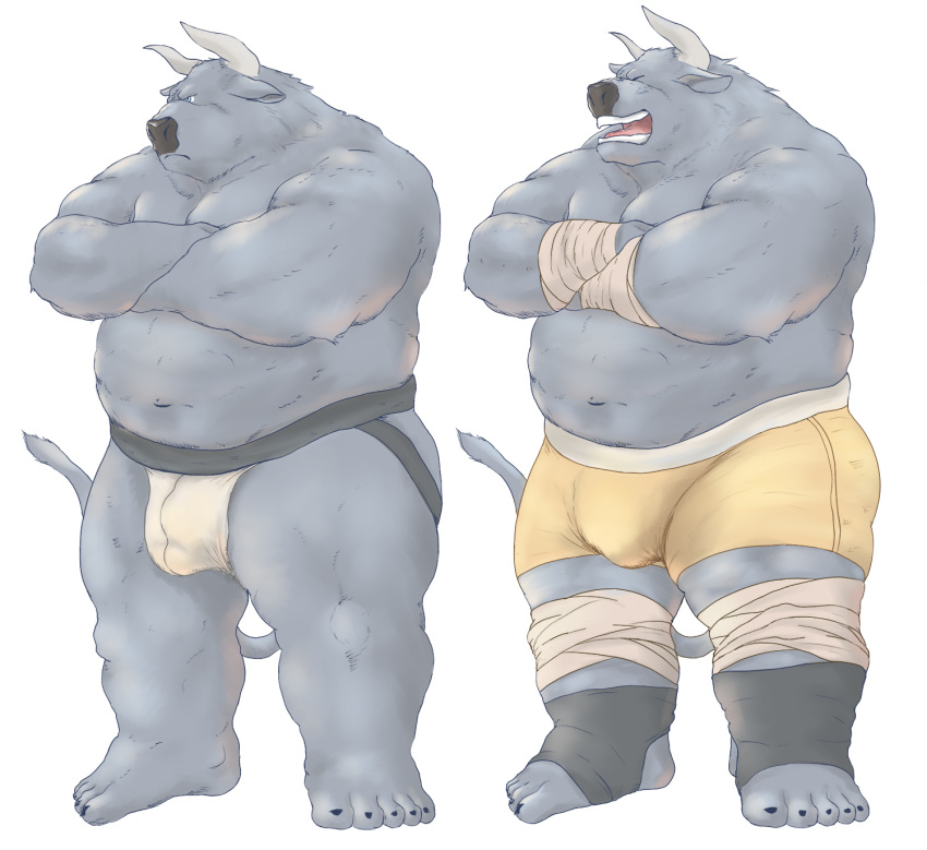 2020 anthro belly bovid bovine bulge cattle clothing eyes_closed hi_res jockstrap kemono male mammal overweight overweight_male simple_background solo underwear velcro74656 white_background