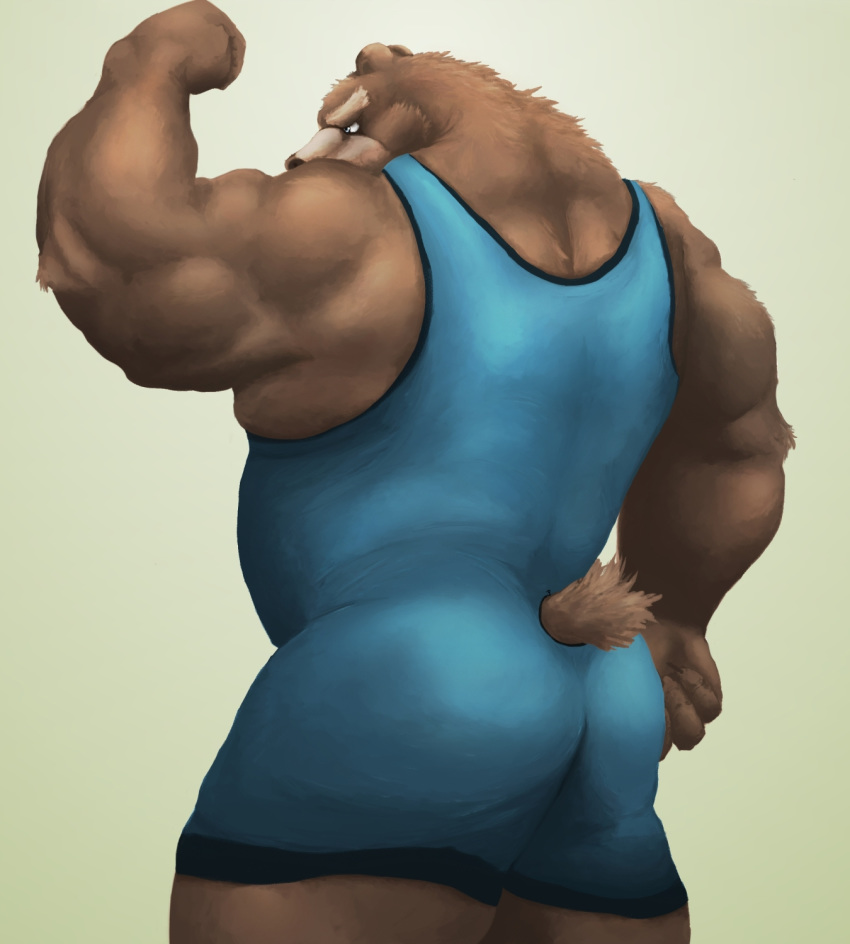 2018 anthro belly brown_body brown_fur butt fur hi_res humanoid_hands kemono male mammal overweight overweight_male simple_background solo ursid velcro74656 white_background wrestling_singlet