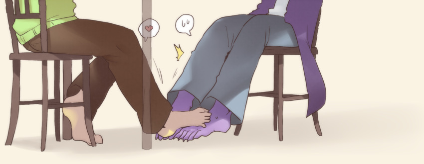 &lt;3 5_toes anthro barefoot bodily_fluids bottomwear chair claws clothing deltarune duo feet female foot_fetish foot_play footsie furniture human interspecies jacket kris_(deltarune) male male/female mammal pants purple_body purple_skin romantic_couple scalie sitting soles sskomu_(artist) susie_(deltarune) sweat sweater toe_claws toes topwear under_table video_games waist_down