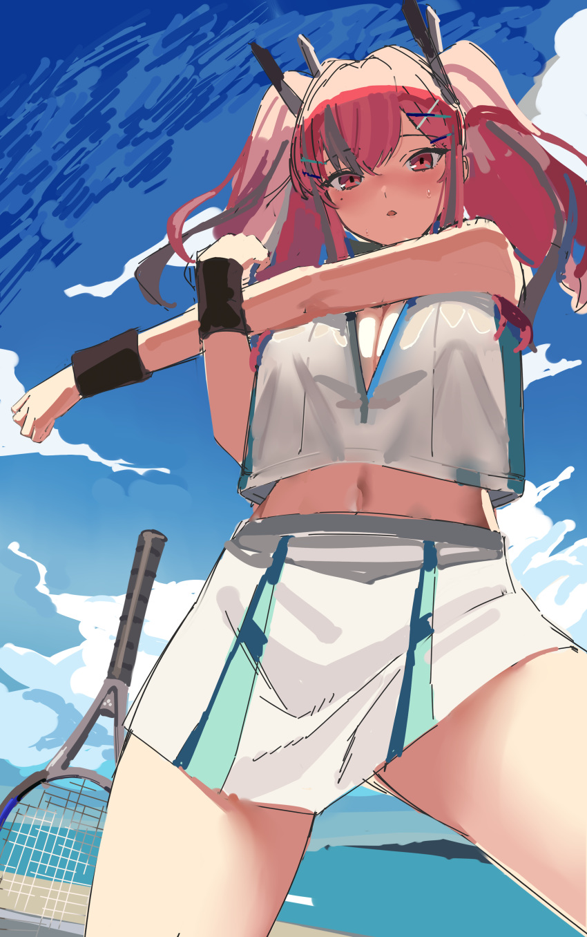 1girl absurdres azur_lane bangs bare_shoulders blush breasts bremerton_(azur_lane) bremerton_(scorching-hot_training)_(azur_lane) cleavage crop_top crop_top_overhang highres kujuu_shikuro large_breasts long_hair looking_at_viewer mole mole_under_eye multicolored_hair navel open_mouth pink_eyes pink_hair racket shirt skirt sportswear streaked_hair stretch tennis_racket tennis_uniform thighs twintails two-tone_shirt two-tone_skirt white_shirt white_skirt wristband