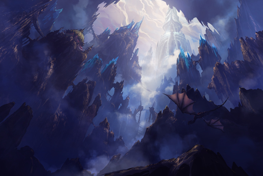 cliff commentary dragon fog highres ice landscape large_wings mountain no_humans original philipp_urlich scenery storm temple wings wyvern