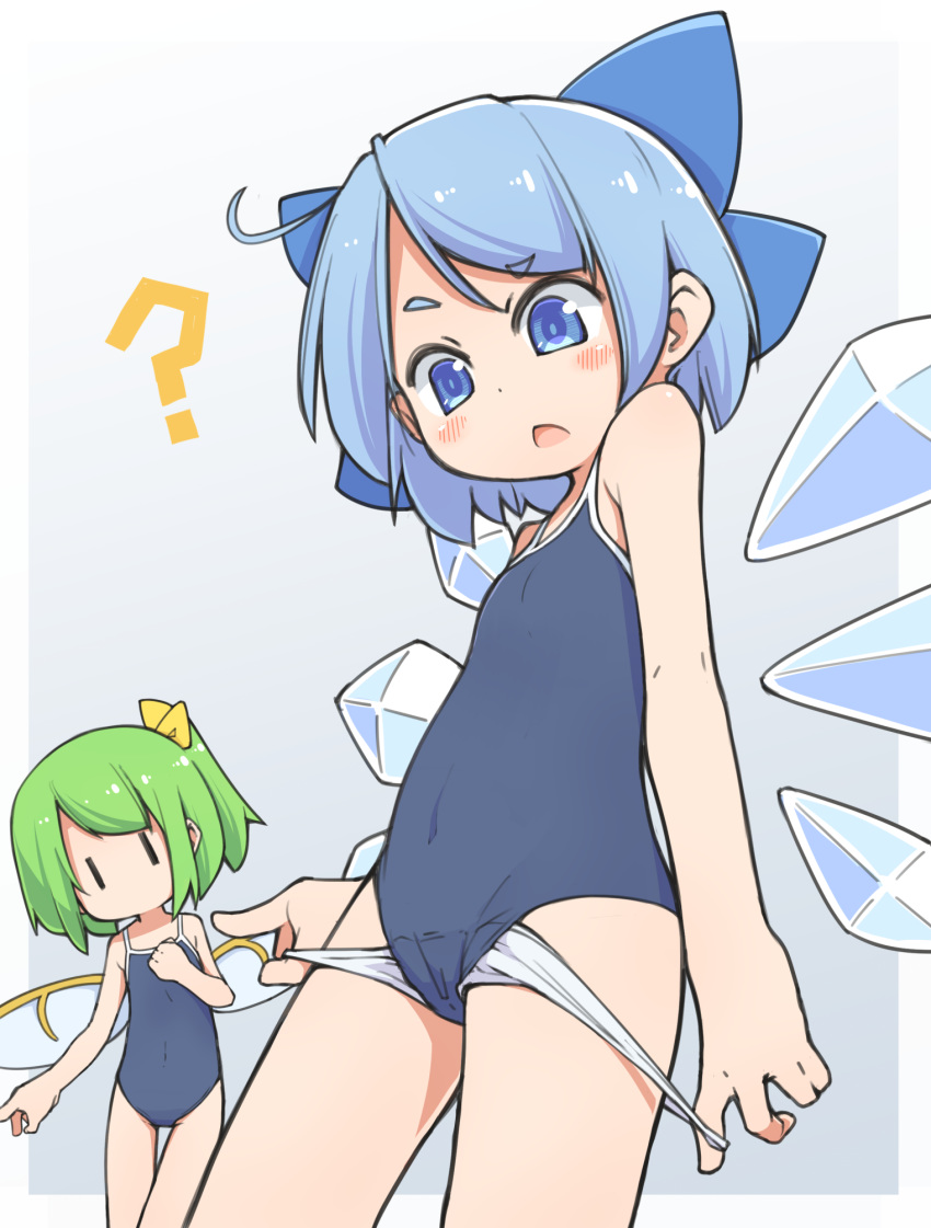 ? blue_eyes blue_hair blue_ribbon blue_swimsuit bow cirno covered_navel daiyousei fairy_wings green_hair hair_bow hand_on_own_chest highres ice ice_wings long_hair one-piece_swimsuit panties panties_under_swimsuit panty_pull pulled_by_self ribbon school_swimsuit short_hair side_ponytail swimsuit touhou turnip_kabura underwear undressing white_panties wings you're_doing_it_wrong