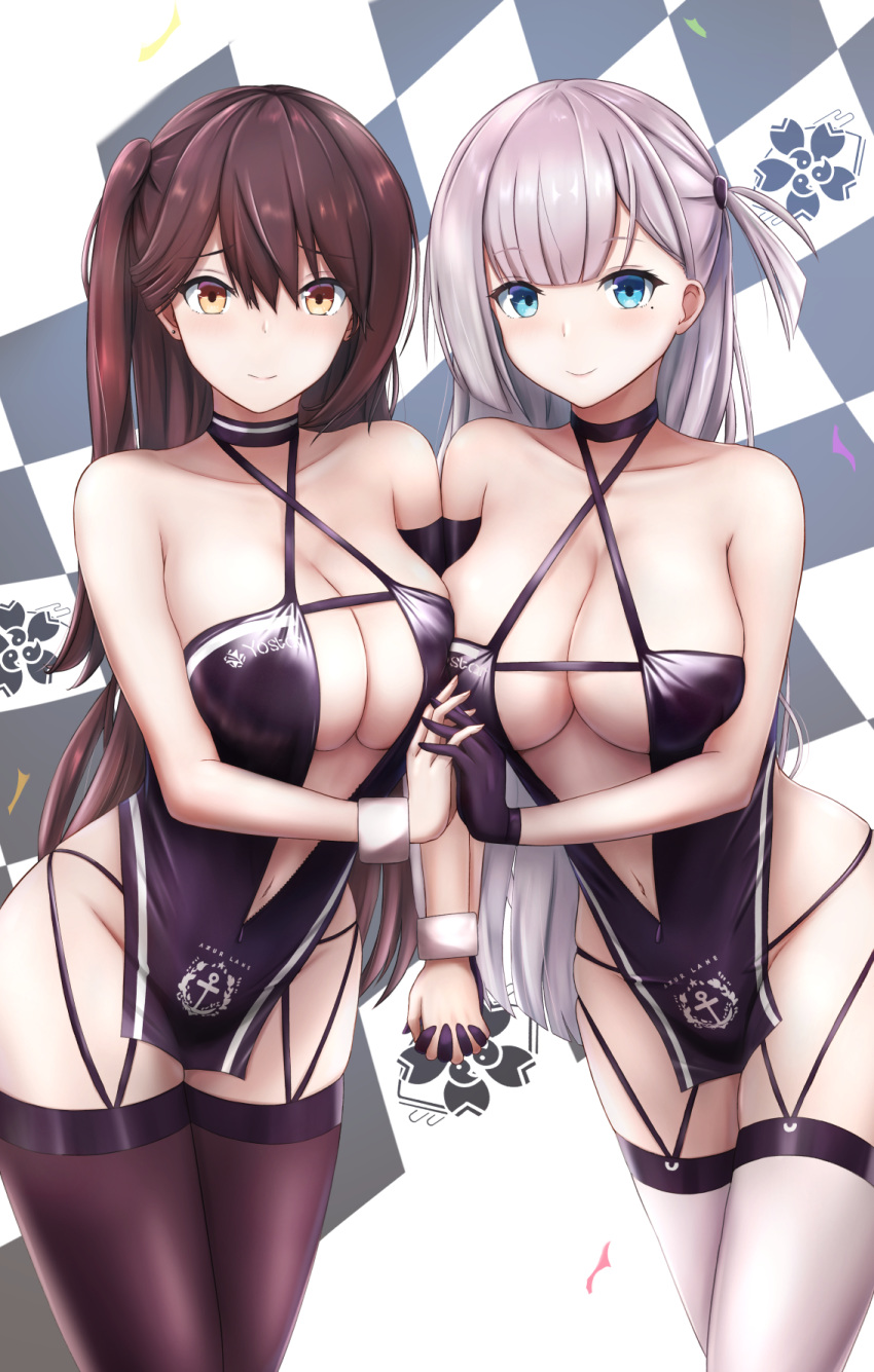 amano_kusatsu asymmetrical_docking azur_lane bangs bare_shoulders black_gloves black_legwear blue_eyes blunt_bangs blush breast_press breasts brown_eyes brown_hair center_opening checkered checkered_background cleavage closed_mouth clothes_writing collarbone commentary_request copyright_name cowboy_shot criss-cross_halter earrings eyebrows_visible_through_hair gloves halterneck highres holding_hands interlocked_fingers jewelry large_breasts long_hair looking_at_viewer mole mole_under_eye navel one_side_up revision shoukaku_(azur_lane) shoukaku_(sororal_wings)_(azur_lane) silver_hair skindentation smile stud_earrings thighhighs very_long_hair white_legwear wrist_cuffs zuikaku_(azur_lane) zuikaku_(the_wind's_true_name)_(azur_lane)