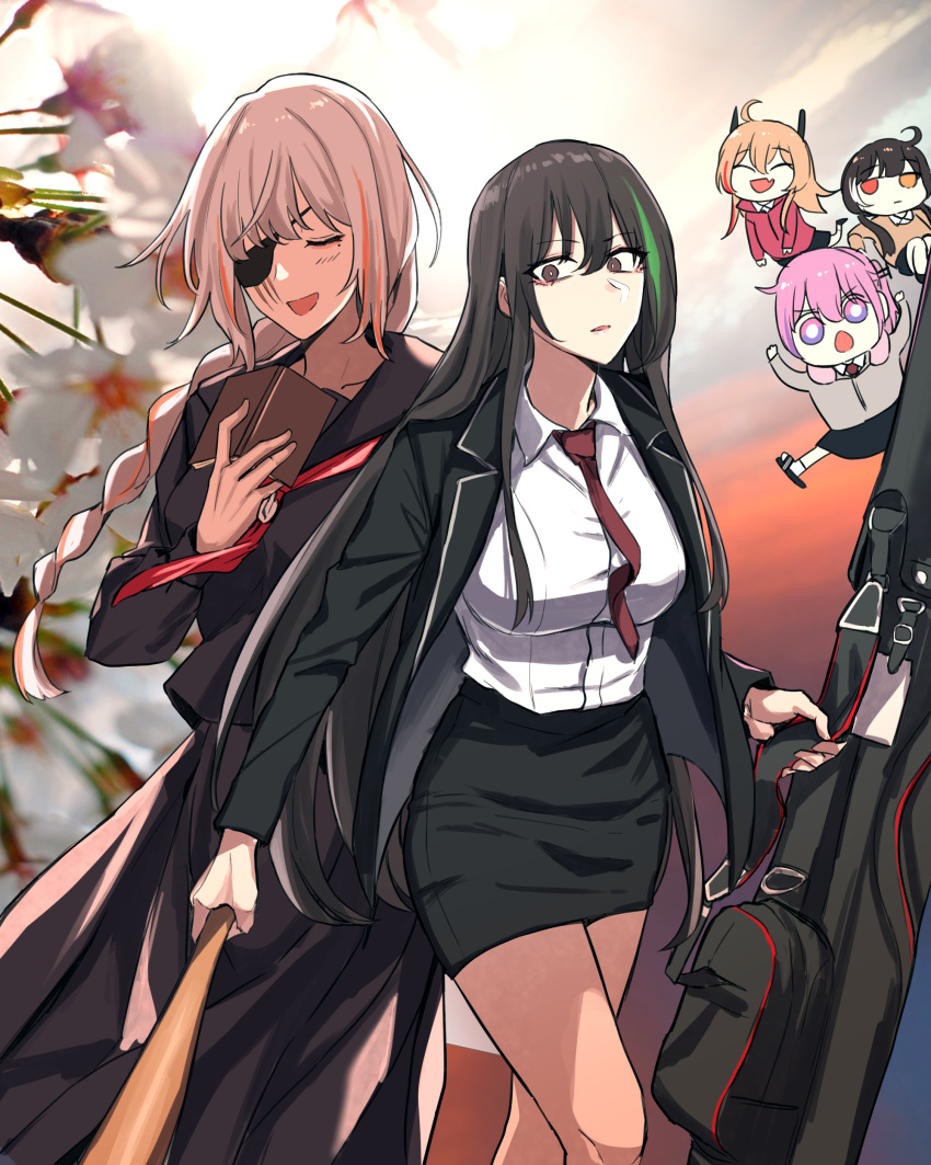 5girls absurdres baseball_bat black_hair black_jacket black_skirt blazer blonde_hair book braid braided_ponytail brown_eyes business_suit closed_eyes formal girls_frontline highres jacket long_hair looking_at_viewer m16a1_(girls_frontline) m16a1_(girls_frontline)_(boss) m4_sopmod_ii_(girls_frontline) m4a1_(girls_frontline) mmm_(ji1945) multicolored multicolored_eyes multicolored_hair multiple_girls necktie open_mouth pink_hair red_eyes ro635_(girls_frontline) scar scar_across_eye shirt silver_hair skirt st_ar-15_(girls_frontline) suit weapon_bag weapon_case white_shirt yellow_eyes