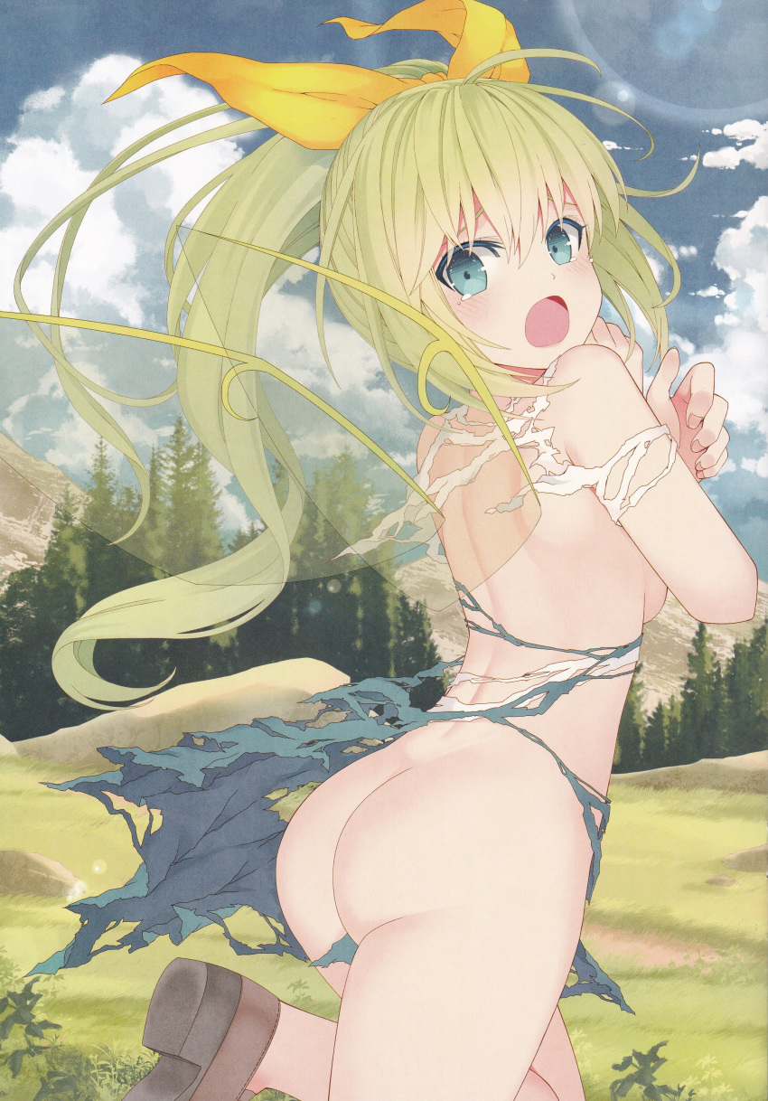 1girl absurdres ass bangs bare_shoulders blue_eyes blue_sky blush breasts brown_footwear cloud cloudy_sky daiyousei day dress fairy_wings fingernails from_behind green_hair hair_ribbon highres long_hair looking_at_viewer looking_back medium_breasts mikoma_sanagi mountain nail_polish no_panties non-web_source open_mouth orange_ribbon outdoors pink_nails ribbon scan shoulder_blades side_ponytail sideboob sky solo thighs torn_clothes torn_dress touhou tree wings