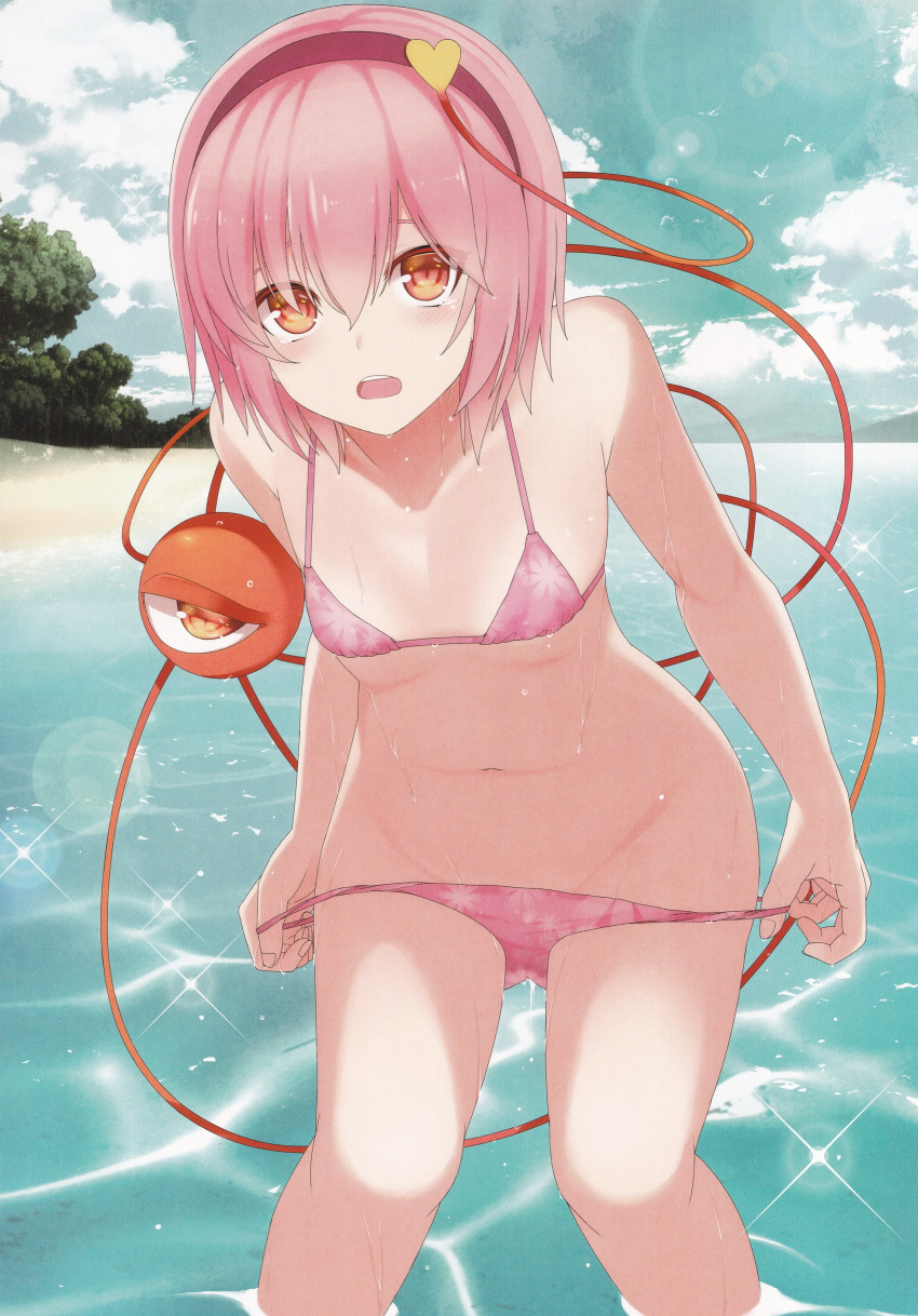 1girl absurdres bangs bikini_pull blue_sky blush breasts cloud cloudy_sky collarbone day eyeball groin hair_between_eyes hair_ornament hairband heart heart_hair_ornament highres horizon komeiji_satori legs_apart looking_at_viewer midriff mikoma_sanagi navel non-web_source ocean open_mouth outdoors pink_eyes pink_hair pulled_by_self scan short_hair sky small_breasts solo stomach third_eye touhou tree undressing water
