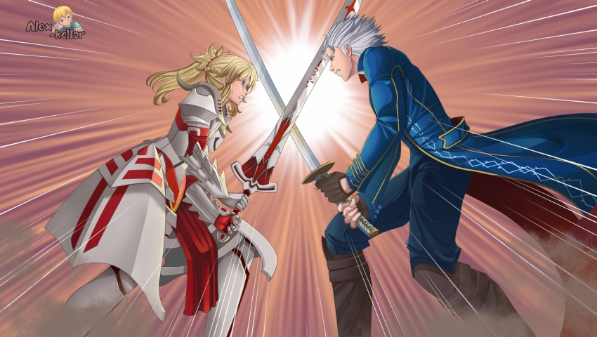 1boy 1girl alex_kellar armor armored_dress battle blonde_hair blue_eyes braid breastplate clarent clash coat commentary commission crossover devil_may_cry devil_may_cry_3 english_commentary eyebrows_visible_through_hair fate/apocrypha fate_(series) fighting fingerless_gloves french_braid gloves green_eyes hair_ornament hair_scrunchie highres holding holding_sword holding_weapon katana long_hair mordred_(fate) mordred_(fate)_(all) over_shoulder pauldrons ponytail red_scrunchie scrunchie short_hair shoulder_armor silver_hair sword vergil weapon white_hair yamato_(sword)