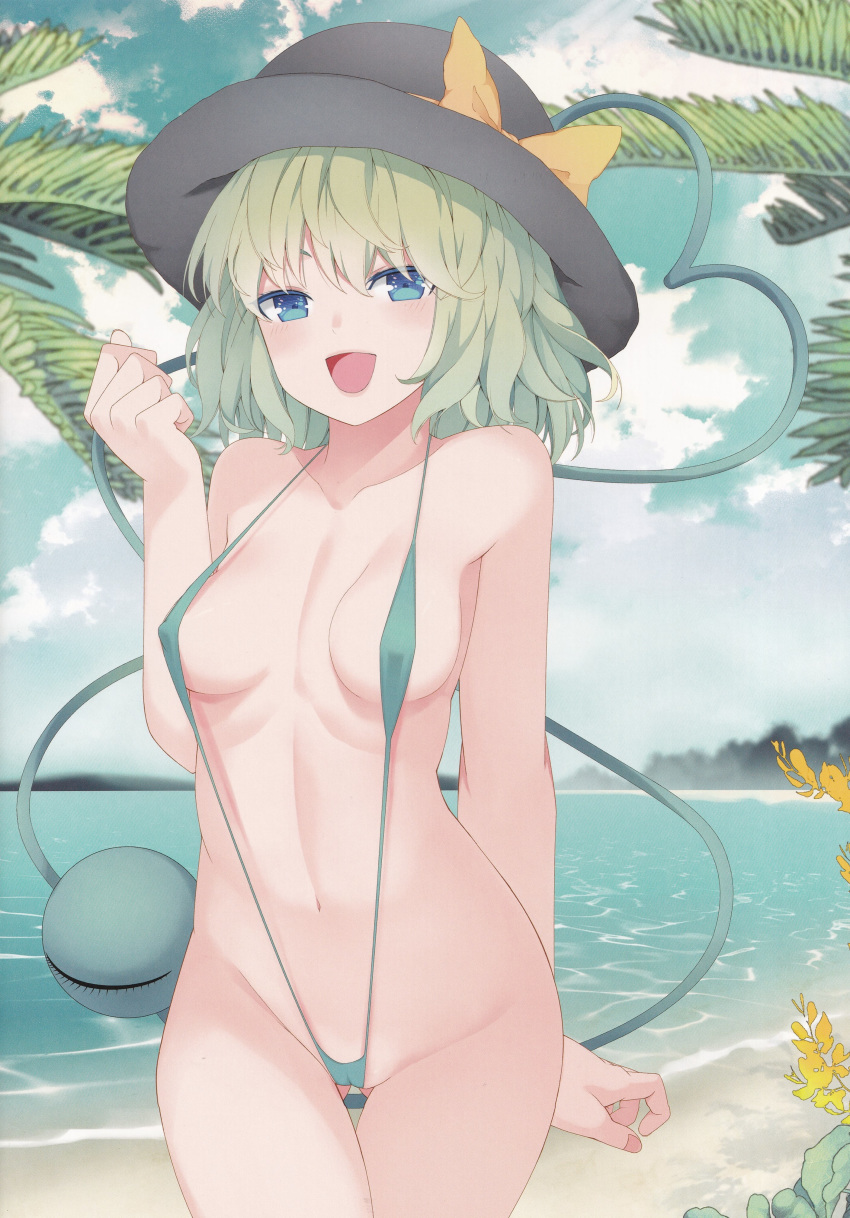 1girl :d absurdres arm_at_side ass_visible_through_thighs bangs bare_shoulders beach bikini black_headwear blue_eyes blue_sky blush bow breasts breasts_apart cloud collarbone covered_nipples cowboy_shot day eyeball eyelashes green_eyes green_hair hair_between_eyes hand_up hat hat_bow hat_ribbon heart heart_of_string highres horizon komeiji_koishi looking_at_viewer medium_breasts micro_bikini mikoma_sanagi navel non-web_source ocean open_mouth outdoors palm_tree ribbon sand scan sideboob sky slingshot_swimsuit small_breasts smile solo standing strap_gap swimsuit thighs third_eye touhou tree water yellow_bow yellow_ribbon