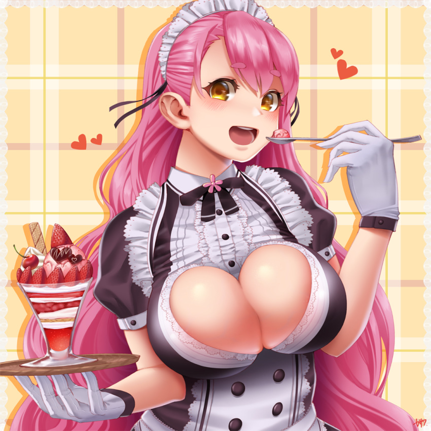 1girl aizono_manami apron bangs blush breasts cleavage cleavage_cutout dress eating eyebrows_visible_through_hair food gloves heart ice_cream lace lace-trimmed_dress large_breasts long_hair maid maid_headdress nijisanji open_mouth pink_hair puffy_short_sleeves puffy_sleeves short_eyebrows short_sleeves solo spoon thick_eyebrows very_long_hair virtual_youtuber white_gloves yasawa_kichi yellow_eyes