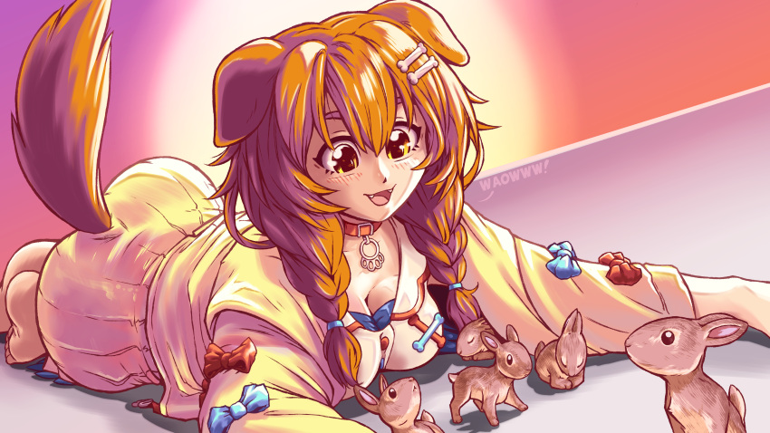 16:9 2020 absurd_res accessory animal_humanoid barefoot breasts brown_hair canid canid_humanoid canine canine_humanoid cleavage clothed clothing collar cute_fangs dialogue dog_humanoid english_text female feral furgonomics group hair hair_accessory hair_tie hairclip hi_res hololive humanoid korone_inugami lagomorph leporid lying mammal mammal_humanoid on_front open_mouth open_smile pigtails plagueofgripes rabbit smile solo solo_focus tail_clothing text widescreen