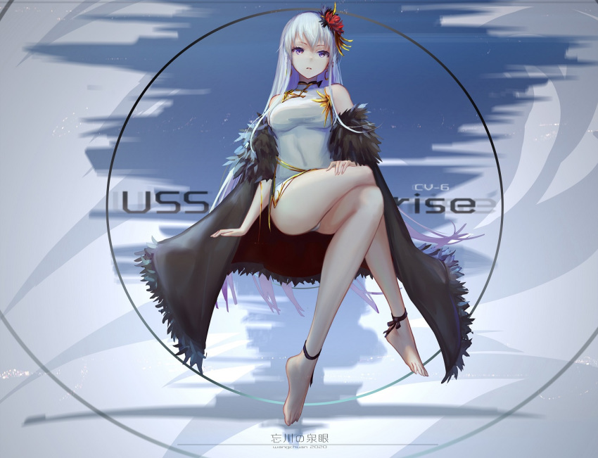 1girl azur_lane bare_legs bare_shoulders barefoot black_cape breasts cape china_dress chinese_clothes covered_navel crossed_legs dress enterprise_(azur_lane) flower fur_trim gold_trim hair_flower hair_ornament hand_on_own_thigh large_breasts long_hair looking_at_viewer off_shoulder purple_eyes side_slit silver_hair sitting sleeveless sleeveless_dress solo spider_lily taut_clothes taut_dress thighs very_long_hair wangchuan_de_quanyan white_dress