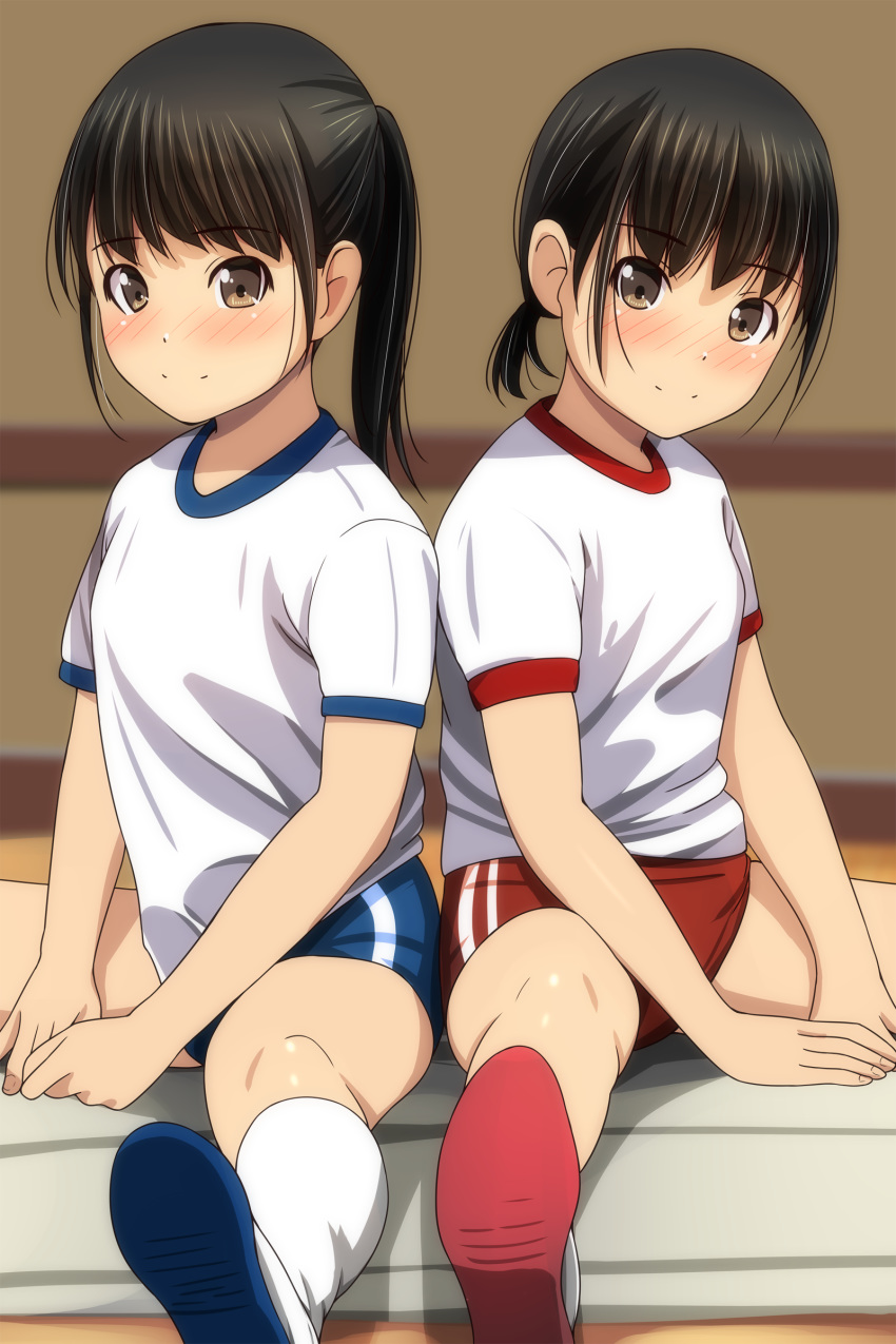 2girls absurdres bangs black_hair blue_buruma blurry blurry_background blush brown_eyes buruma depth_of_field eyebrows_visible_through_hair gym_shirt highres indoors kneehighs long_hair low_ponytail matsunaga_kouyou multiple_girls nose_blush original ponytail red_buruma shirt shoe_soles shoes short_hair short_sleeves sitting vaulting_horse white_footwear white_legwear white_shirt