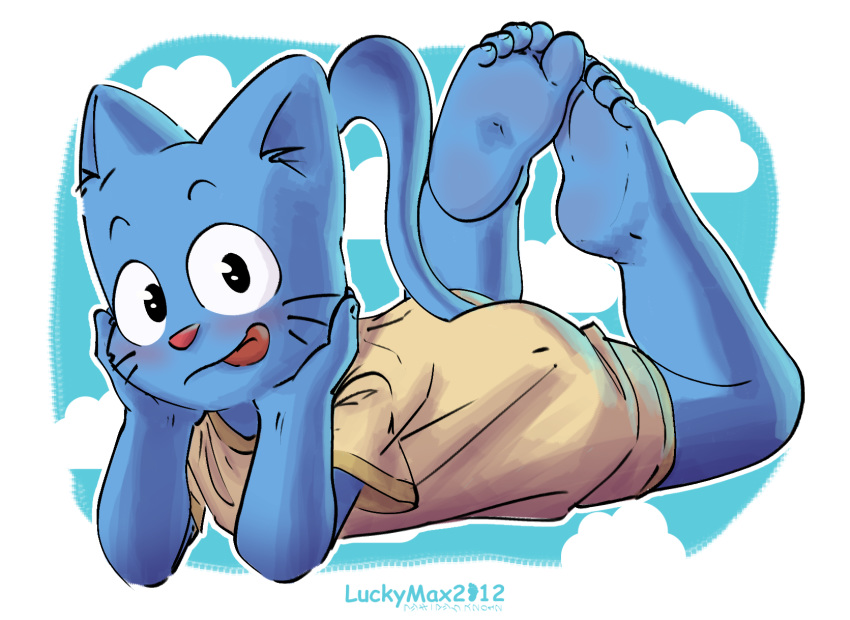 2018 5_toes anthro barefoot cartoon_network clothing feet felid feline gumball_watterson hi_res humanoid_feet luckymax2012 male mammal signature soles solo the_amazing_world_of_gumball toes tongue tongue_out whiskers