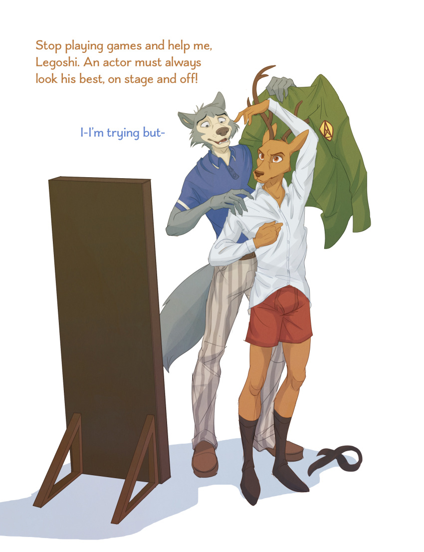 2020 absurd_res anthro antlers beastars bottomwear canid canine canis cervid cheek_tuft clothed clothing colt3n dialogue duo english_text facial_tuft footwear fully_clothed fur grey_body grey_fur head_tuft hi_res horn legoshi_(beastars) louis_(beastars) male mammal pants shirt shoes simple_background standing text topwear tuft white_background wolf