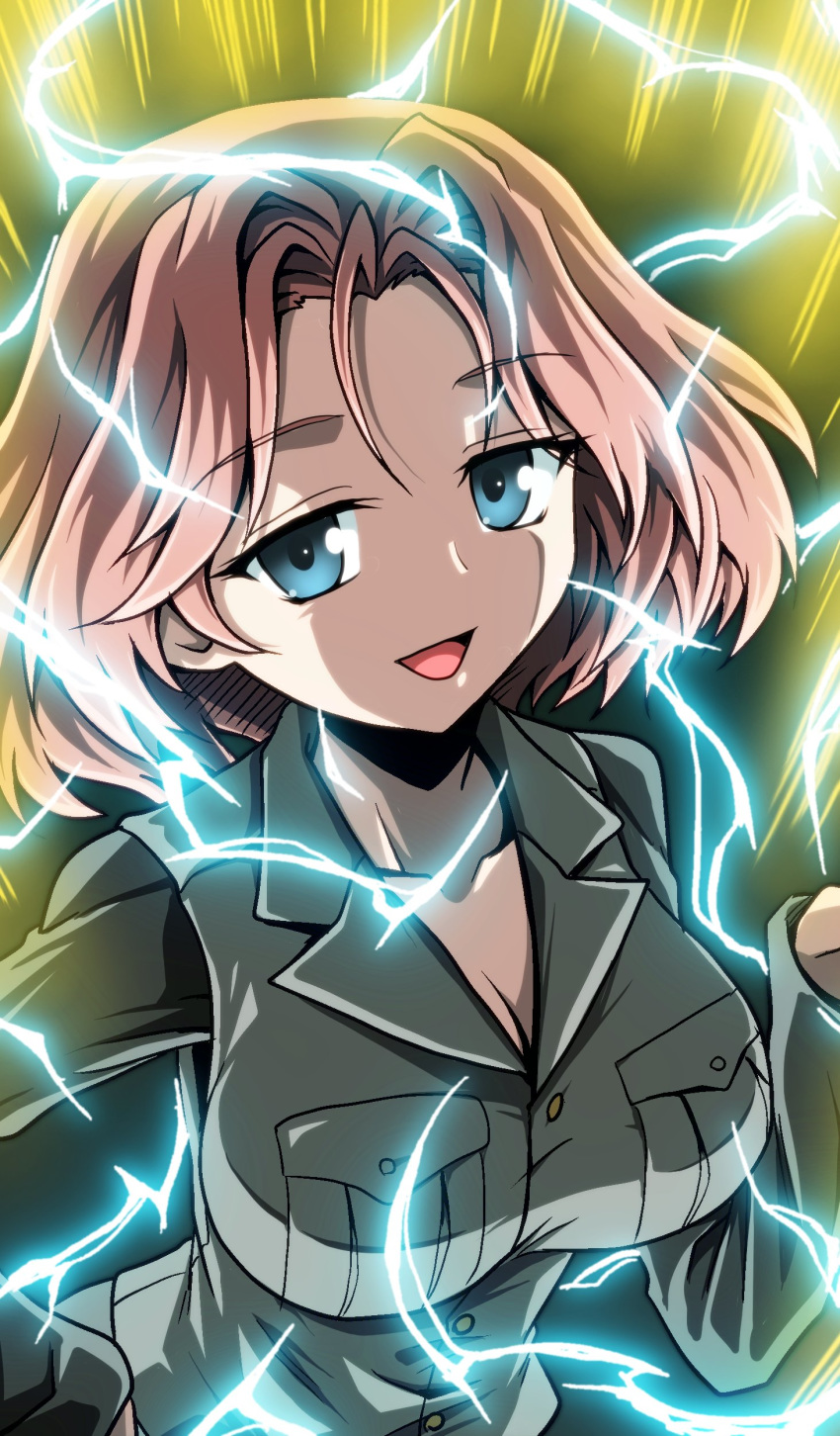 1girl absurdres aura black_jacket blue_eyes breasts brown_hair cleavage commentary dragon_ball dragon_ball_z electricity eyebrows_visible_through_hair gesture girls_und_panzer hair_intakes half-closed_eyes hand_on_hip highres jacket kamishima_kanon long_sleeves looking_at_viewer medium_breasts megumi_(girls_und_panzer) military military_uniform no_shirt open_mouth selection_university_military_uniform short_hair smirk solo standing super_saiyan super_saiyan_2 uniform