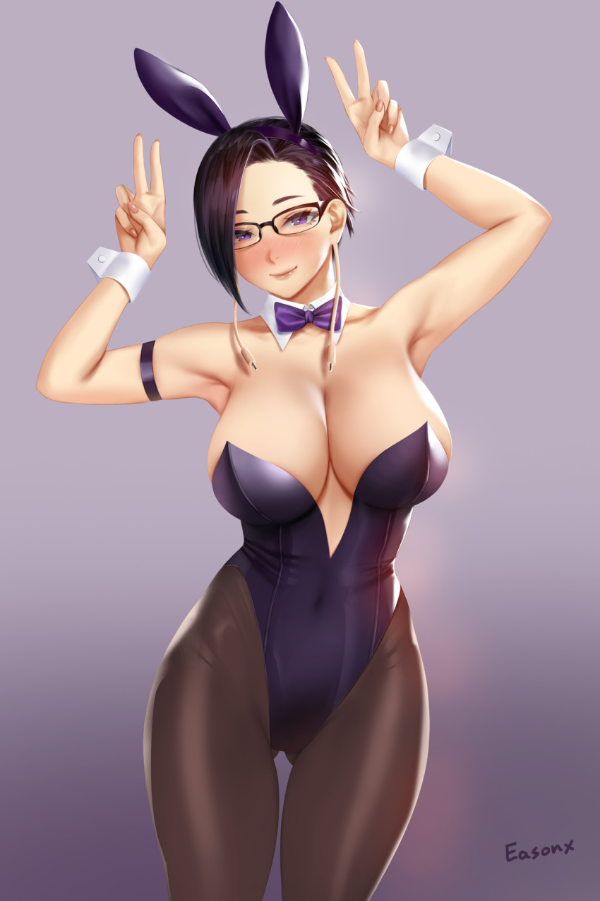 1girl animal_ears arm_strap asymmetrical_hair black_hair black_legwear blush boku_no_hero_academia breasts bunny_ears bunnysuit covered_navel cowboy_shot detached_collar double_v easonx fake_animal_ears glasses gradient gradient_background highres jirou_mika large_breasts leotard looking_at_viewer pantyhose purple_eyes purple_leotard smile solo strapless strapless_leotard v wrist_cuffs