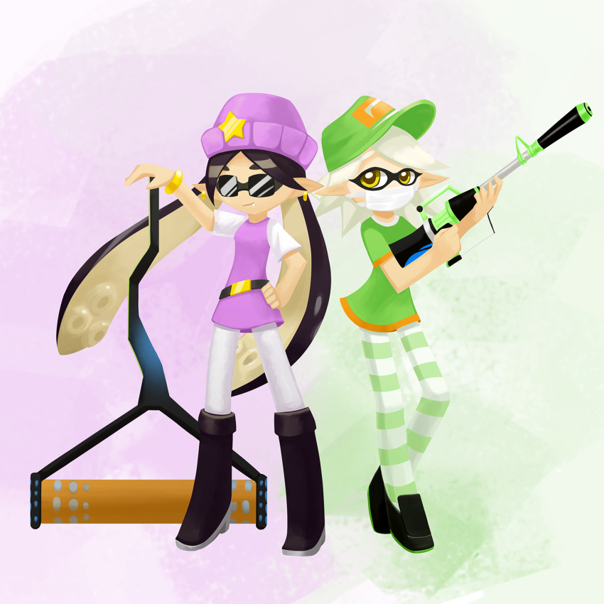 1:1 2017 animal_humanoid boots callie_(splatoon) cephalopod cephalopod_humanoid clothing duo eyewear female footwear hat headgear headwear hi_res howxu humanoid inkling marie_(splatoon) marine marine_humanoid mask mollusk mollusk_humanoid nintendo pseudo_hair ranged_weapon smile splatoon squid_sisters_(splatoon) sunglasses tentacle_hair tentacles video_games weapon yellow_eyes