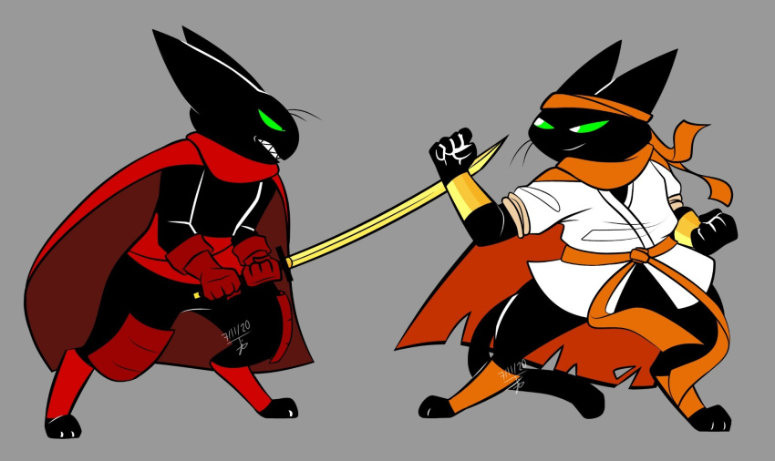 accessory angry anthro black_body black_fur bracers_sister brother brother_and_sister cape cartoon_network clothing digitigrade domestic_cat duo felid feline felis female fight fur gi_(disambiguation) green_eyes headband hi_res jizeru katana male mammal mao_mao:_heroes_of_pure_heart melee_weapon red_clothing sheriff_mao_mao_mao sibling sister sword weapon