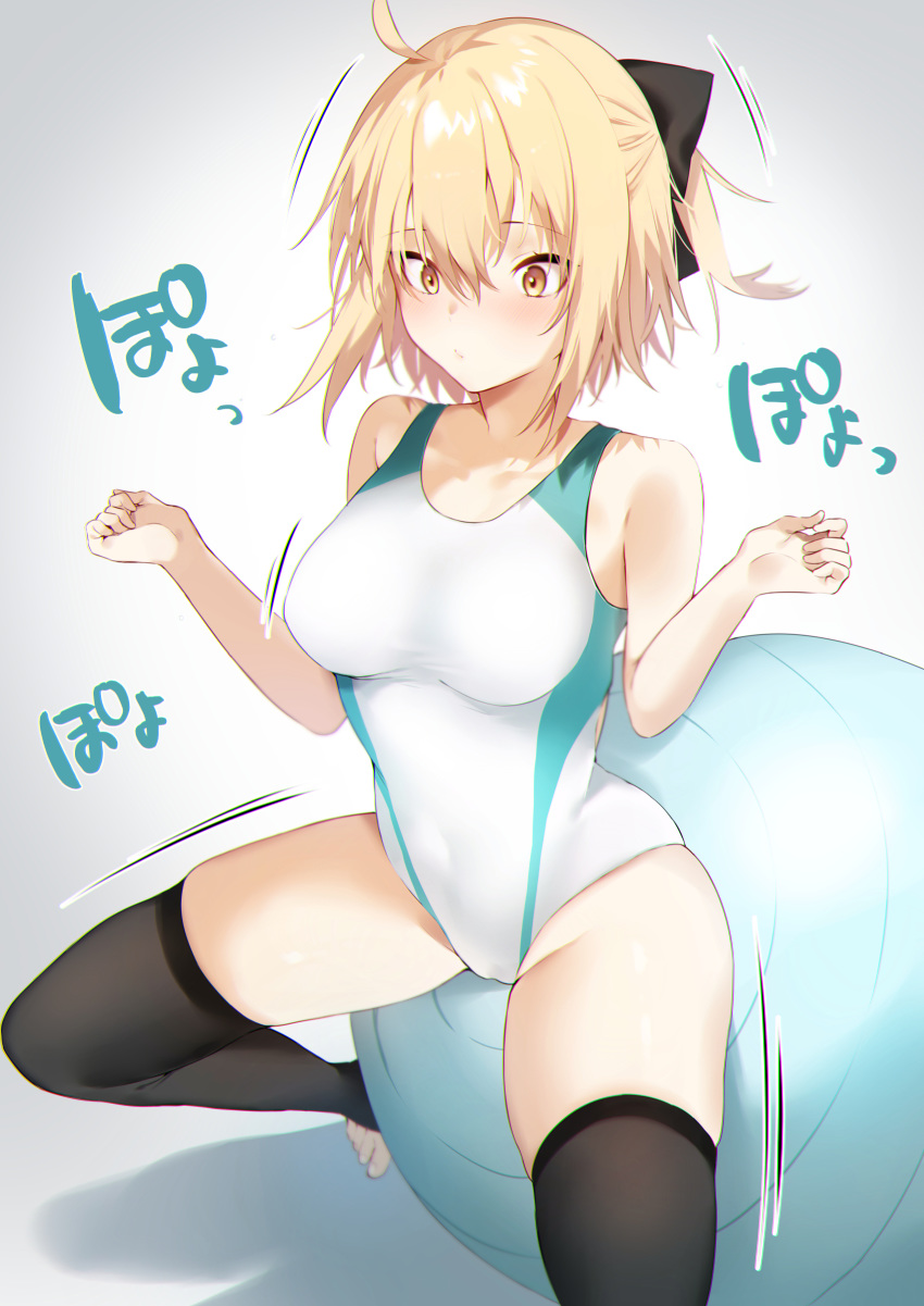 1girl :/ absurdres ahoge alternate_costume balancing ball bangs bare_arms bare_shoulders black_bow black_legwear blonde_hair bow breasts collarbone competition_swimsuit concentrating covered_navel exercise_ball eyebrows_visible_through_hair fate/grand_order fate_(series) hair_between_eyes hair_bow half_updo highres iriehana koha-ace medium_breasts navel okita_souji_(fate) okita_souji_(fate)_(all) one-piece_swimsuit short_hair sidelocks simple_background solo stirrup_legwear swimsuit thighhighs thighs toeless_legwear white_swimsuit yellow_eyes