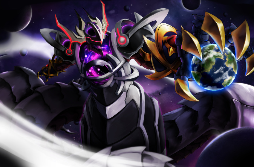absurdres alien black_hole distortion dragon earth epic galaxy highres holding holding_planet horns huge_filesize kamen_rider kamen_rider_build_(series) kamen_rider_evol monster open_mouth personification planet red_eyes size_comparison size_difference space star_(sky) tagme xiniu_r&amp;f_(lande_hua_hua)