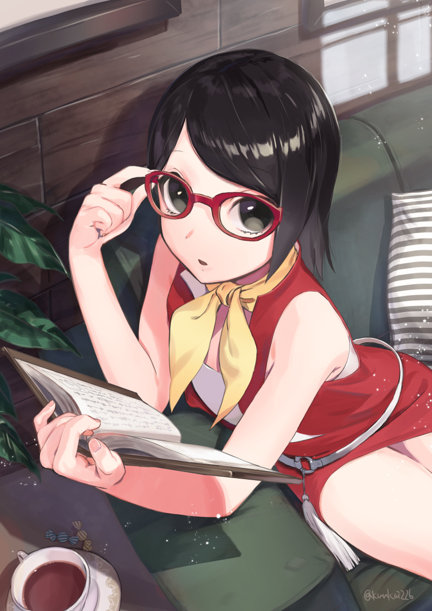 1girl absurdres artist_name bangs bare_arms bare_shoulders black_eyes black_hair book boruto:_naruto_next_generations commentary_request cup eyebrows_visible_through_hair glasses highres holding holding_book jacket kuukai_(adexi) looking_at_viewer naruto_(series) open_book parted_lips pillow red-framed_eyewear red_jacket short_hair sitting solo striped_pillow teacup uchiha_sarada wooden_wall