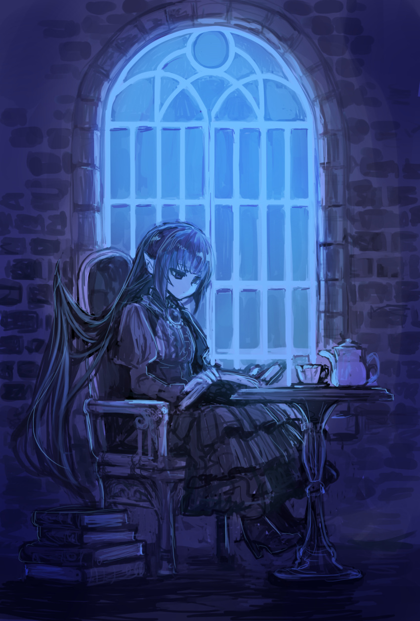 1girl bangs black_eyes black_hair blue_theme blunt_bangs book book_stack brick chair cup dress half-closed_eyes highres holding holding_book indoors living_hair long_hair michihisa! open_book original pointy_ears puffy_sleeves reading sitting solo table tea_set teacup vampire window