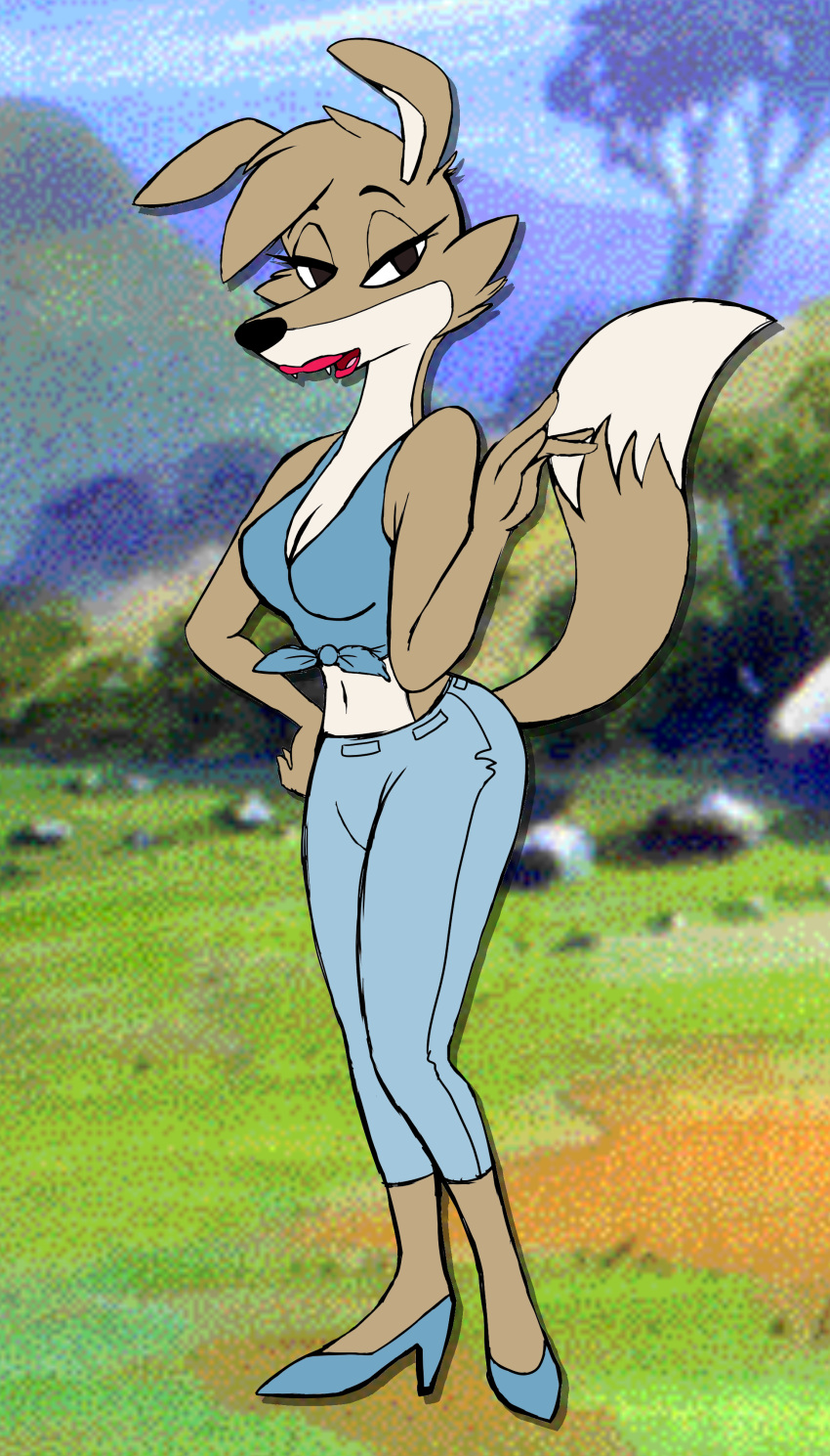 absurd_res anthro bedroom_eyes blinky_bill_(series) breasts canid canine canis clothed clothing curvaceous curvy_figure daisy_dingo digital_media_(artwork) dingo dragonboy618 female hi_res lipstick makeup mammal narrowed_eyes open_mouth pose seductive smile solo thelonecrow voluptuous