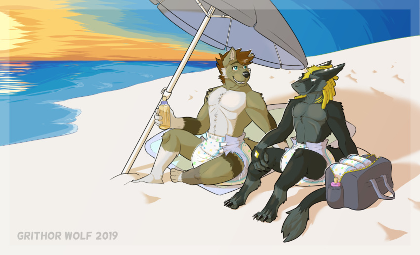 2019 5_fingers anthro baby_bottle beach beach_umbrella blue_eyes canid canine canis claws diaper diaper_bag duo fingers fur hair male mammal multicolored_body multicolored_fur navel sand sea seaside sergal sitting smile water wolf wolfen2