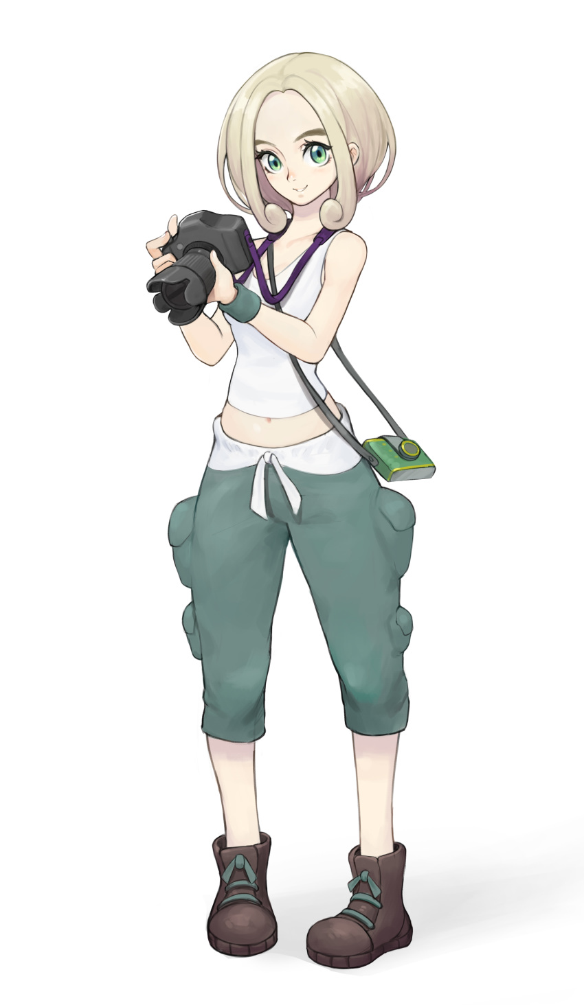 1girl absurdres blonde_hair boots brown_footwear camera camera_case closed_mouth commentary eyelashes forehead full_body green_eyes green_pants hands_up highres holding holding_camera looking_at_viewer navel pants pokemon pokemon_(game) pokemon_xy sanj short_hair simple_background smile solo tank_top viola_(pokemon) white_background white_tank_top wristband