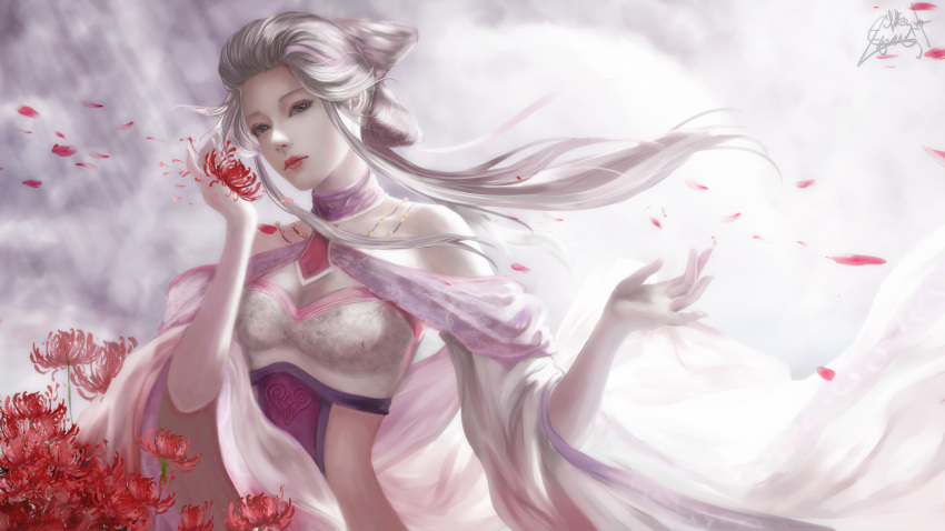 flowers gray_eyes gray_hair long_hair signed tagme_(artist) the_legend_of_qin