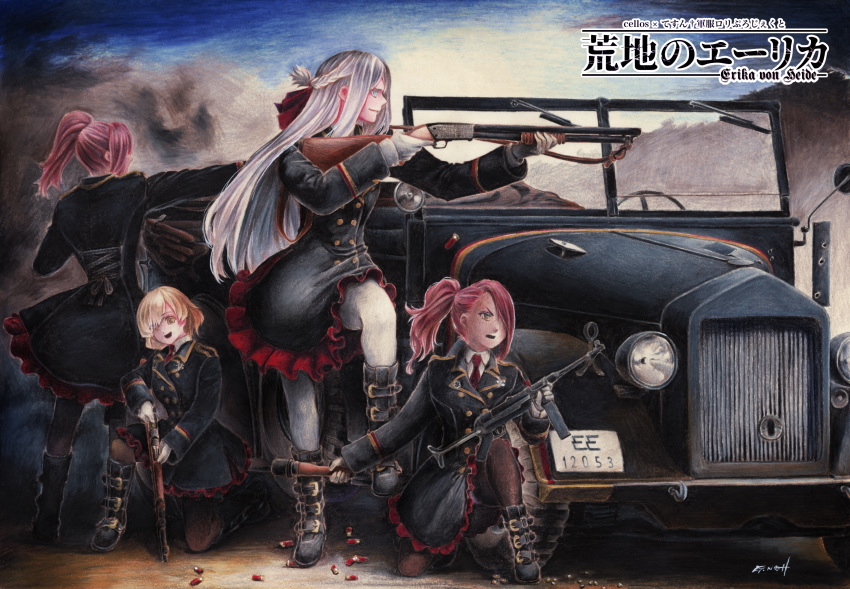 4girls aiming blonde_hair bolt_action boots braid bullet_hole car dress explosive french_braid gloves green_eyes grenade ground_vehicle gun highres huge_filesize iron_cross kneeling long_hair mauser_98 military military_uniform millipen_(medium) motor_vehicle mp40 multiple_girls original pantyhose pink_hair ponytail rifle shell_casing short_hair shotgun shotgun_shells signature silver_hair sky smoke stielhandgranate submachine_gun tesun_(g_noh) traditional_media uniform watercolor_pencil_(medium) weapon white_gloves white_legwear