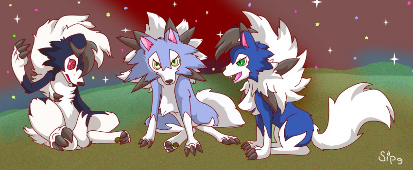 anthro black_claws black_nose blue_body blue_fur bodily_fluids canid canine cheek_tuft claws dusk_lycanroc facial_tuft female feral fur green_eyes hair inner_ear_fluff likemaniac long_ears lycanroc mammal midday_lycanroc midnight_lycanroc nintendo pawpads pink_inner_ear pok&eacute;mon pok&eacute;mon_(species) red_eyes sharp_teeth shiny_pok&eacute;mon sitting spikes sweat teeth toe_claws tongue tuft video_games white_body white_fur white_hair