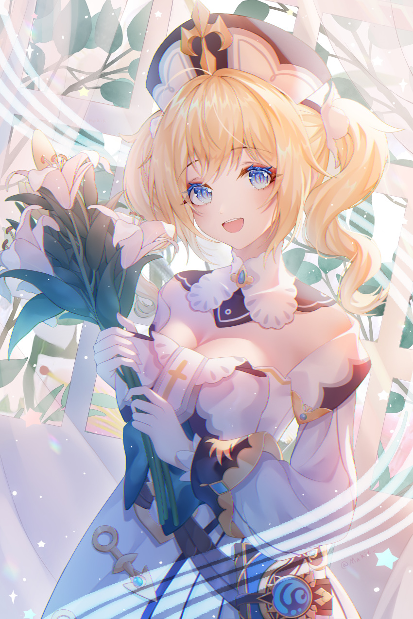 1girl absurdres barbara_(genshin_impact) blonde_hair blue_eyes breasts cleavage close-up dress drill_hair flower genshin_impact hat highres holding holding_flower huge_filesize lily_(flower) long_sleeves looking_at_viewer medium_breasts nalukikiki open_mouth smile solo twin_drills white_dress white_headwear