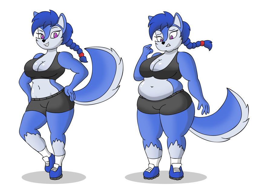 4:3 absurd_res anthro braided_ponytail breasts canid canine canis cleavage clothed clothing female hi_res lordstormcaller mammal slightly_chubby solo weight_gain wolf