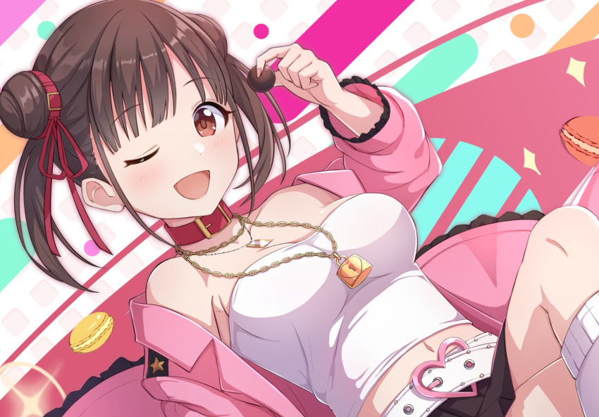1girl ;d alisia0812 bangs belt black_skirt breasts brown_eyes brown_hair chocolate cleavage collar crossed_legs dog_collar double_bun dutch_angle eyebrows_visible_through_hair food hair_ornament hair_ribbon heart heart_belt highres holding holding_food idolmaster idolmaster_shiny_colors jacket jewelry lock long_sleeves looking_at_viewer loose_socks macaron medium_breasts midriff miniskirt navel necklace off_shoulder one_eye_closed open_mouth padlock pink_jacket pleated_skirt red_collar red_ribbon ribbon shirt short_hair short_twintails sitting skirt smile solo sonoda_chiyoko star_(symbol) strapless tubetop twintails white_belt white_legwear white_shirt