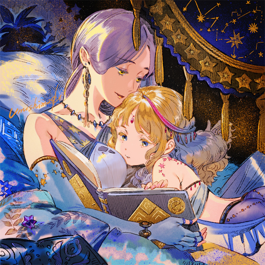 2girls blonde_hair blue_eyes blue_gloves book bracelet breasts cleavage earrings elbow_gloves eyebrows_visible_through_hair fingerless_gloves gloves head_on_chest jewelry multiple_girls necklace open_book original pillow pink_nails purple_hair smile tassel umishima_senbon yellow_eyes