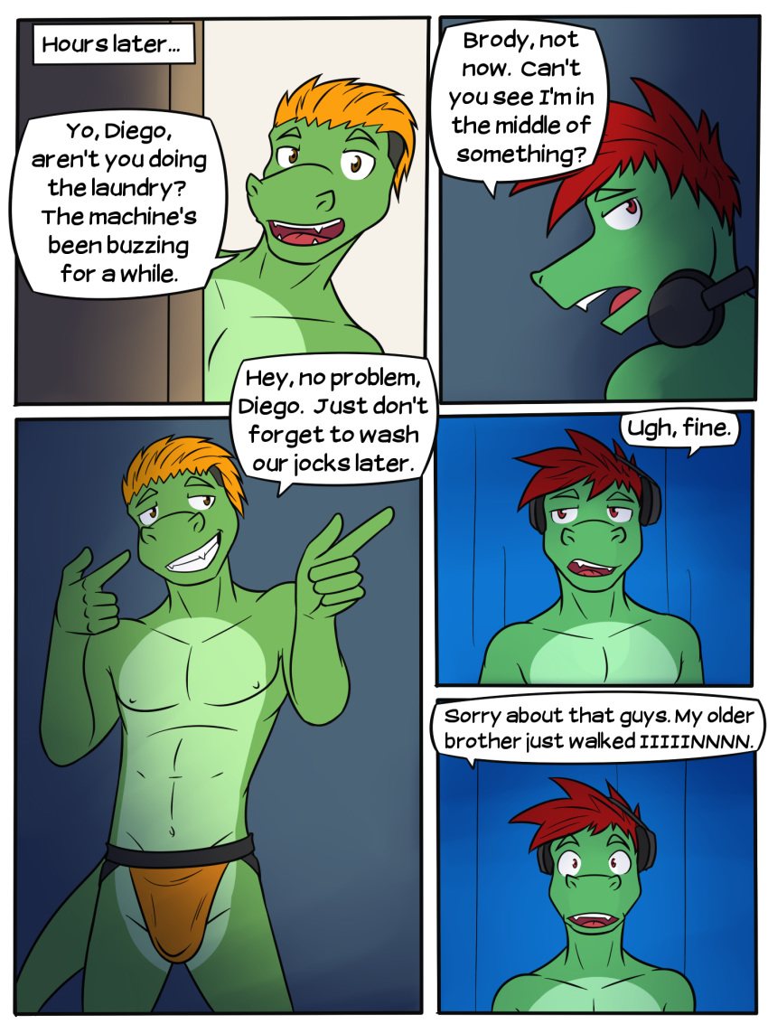 3:4 alligator alligatorid anthro brody_abel brother brothers clothed clothing comic crocodilian dialogue diego_abel duo english_text finger_gun fuze gesture headphones hi_res jockstrap male navel nipples reptile scalie sibling texnatsu text topless underwear underwear_only