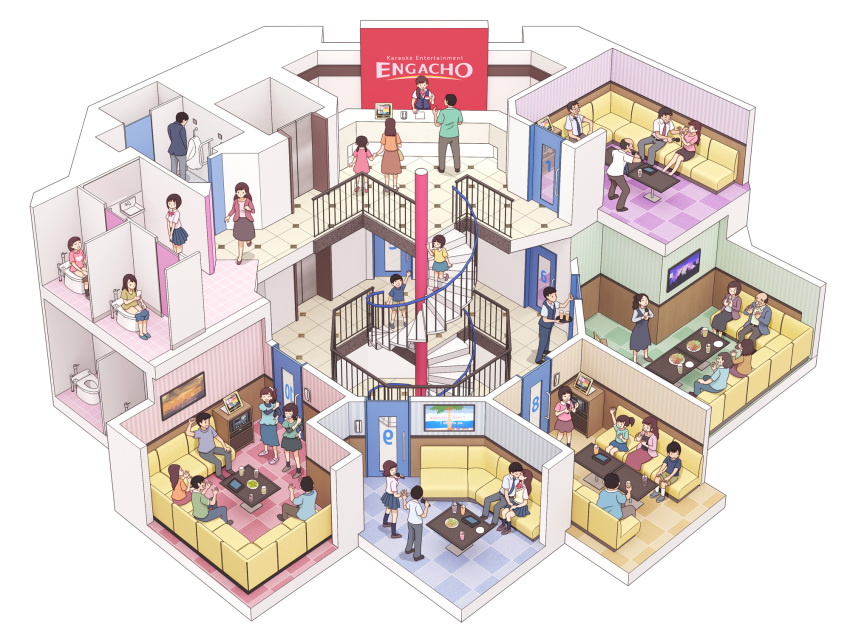 6+boys 6+girls bathroom cross-section food have_to_pee highres indoors karaoke karaoke_box kiss kiyo_(kyokyo1220) microphone multiple_boys multiple_girls music original scenery school_uniform singing sitting spiral_staircase stairs toilet toilet_use tray urinal