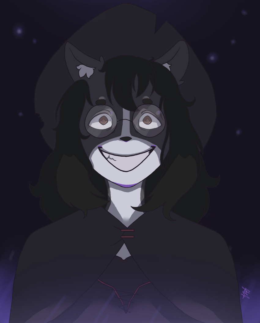 ambiguous_gender anonymous_artist black_body black_fur black_hair border_collie brown_eyes canid canine canis collie dark domestic_dog evil_grin eyewear female foggy_(character) fur hair herding_dog hi_res humanoid insane magic_user mammal pastoral_dog sheepdog smile solo witch