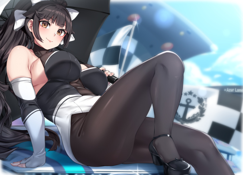 1girl arm_support azur_lane bangs blunt_bangs blurry blurry_background breasts brown_eyes checkered checkered_floor closed_mouth depth_of_field elbow_gloves eyebrows_visible_through_hair fingerless_gloves glint gloves highres impossible_clothes large_breasts leaning_back leotard long_hair moisture_(chichi) outdoors ponytail race_queen sitting smile solo takao_(azur_lane) takao_(full_throttle_charmer)_(azur_lane) umbrella unitard very_long_hair